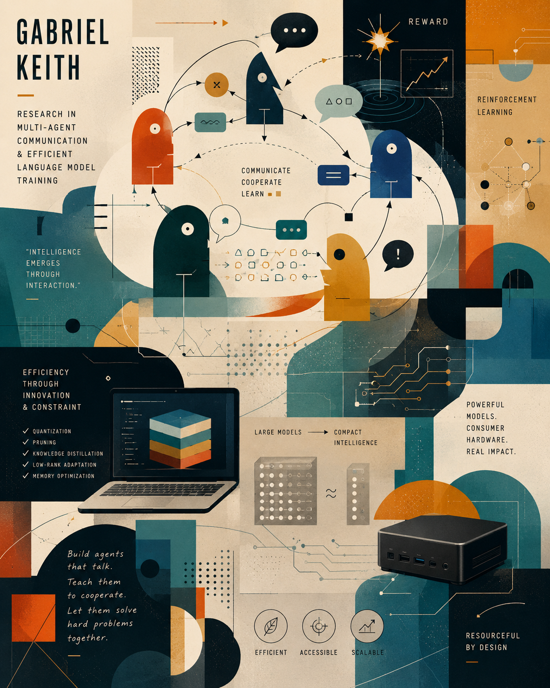 Illustration for Gabriel Keith's AI agents and reinforcement learning research